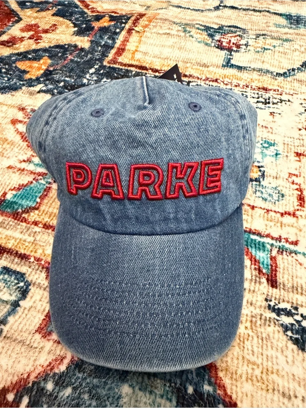 Parke x Target Embroidered Denim Baseball Cap - Blue with Red Lettering